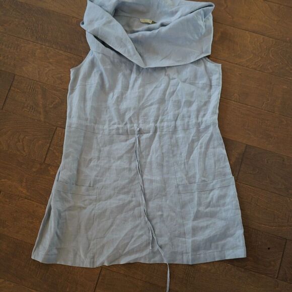CHALET 100% Linen Blue Tunic Dress Large Draw String Lagenlook - Picture 2 of 5